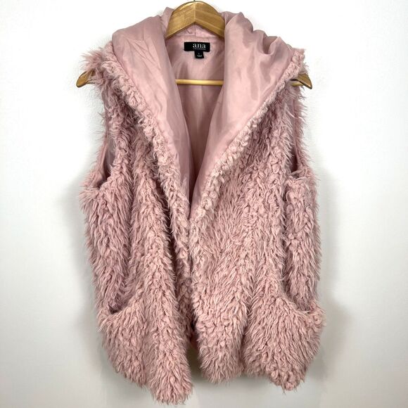 A.N.A. Womens Pink Faux Sheep Fur Hooded Jacket Vest Pockets Cozycore Large Coat - Picture 1 of 16